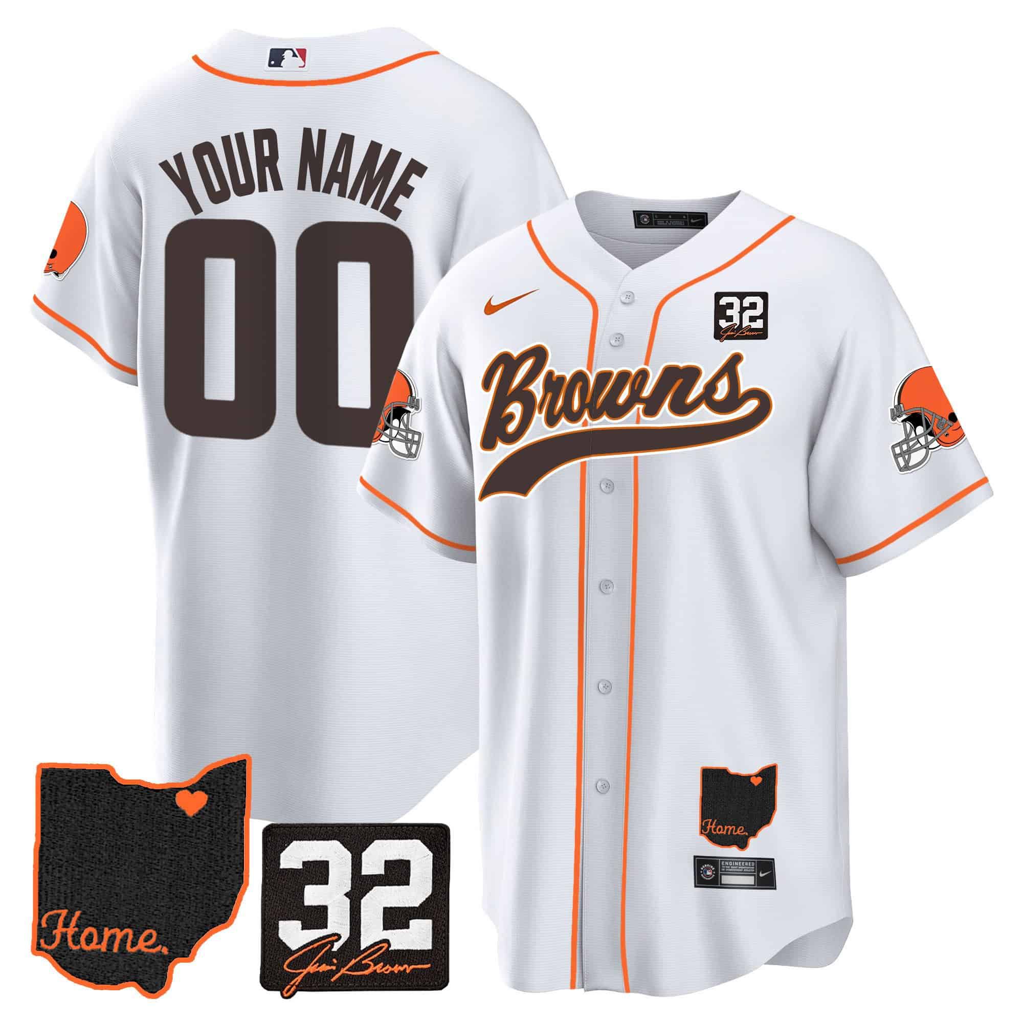 Men Cleveland Browns White #32 Jim Brown Memorial Home Patch Baseball Custom 2024 Nike NFL Jersey->customized nfl jersey->Custom Jersey